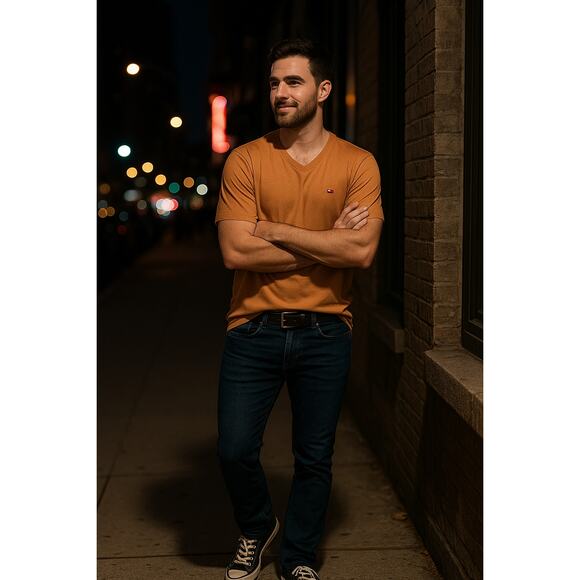 Tommy Hilfiger Men XL V Neck Logo Tee Shirt Orange Rust Brown Minimalist Casual - Picture 2 of 6